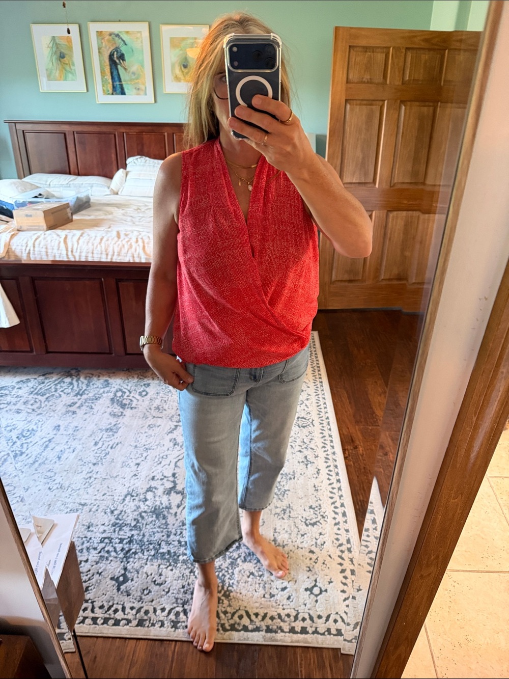 New York & Company Red Sleeveless Surplice Tank